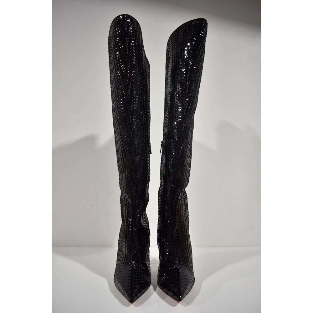 Christian Louboutin Alta Botta 100 Black Patent Bird Knee High OTK Heel Boot 36 - Picture 6 of 11